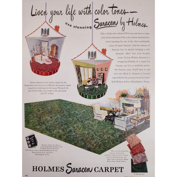 1950 Holmes Saracen Carpet MCM "Liven Your Life with Color Tones" Vtg Print Ad - Picture 1 of 6